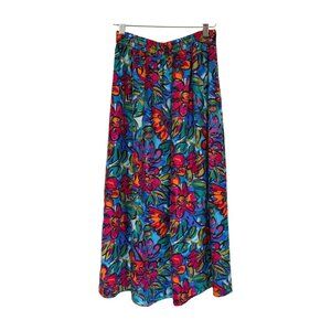 Vintage 90s Silk Floral Midi Skirt Bright Colorful Boho
